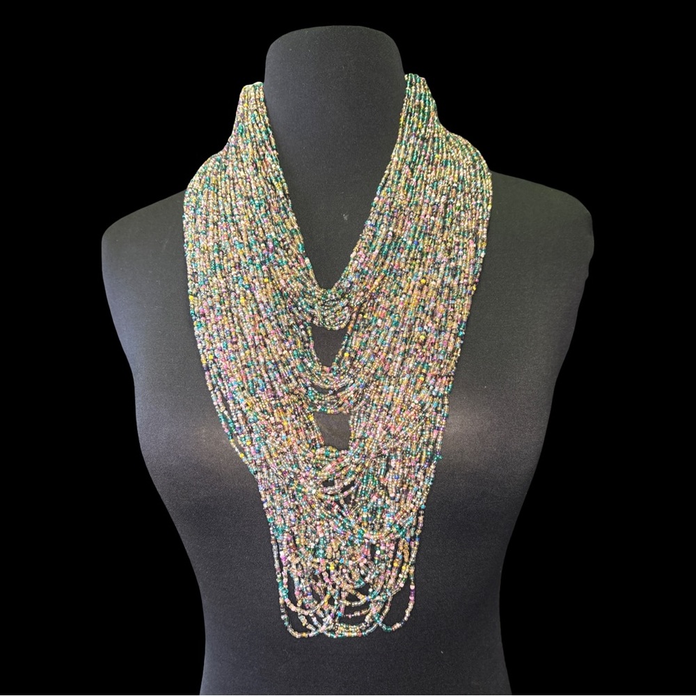 Boho Multistrand Seed Bead Statement Necklace – Layered Bib Style – New